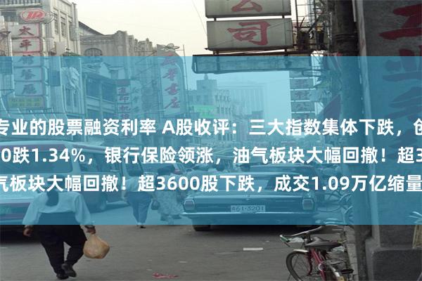 专业的股票融资利率 A股收评：三大指数集体下跌，创业板指跌0.84%北证50跌1.34%，银行保险领涨，油气板块大幅回撤！超3600股下跌，成交1.09万亿缩量1892亿